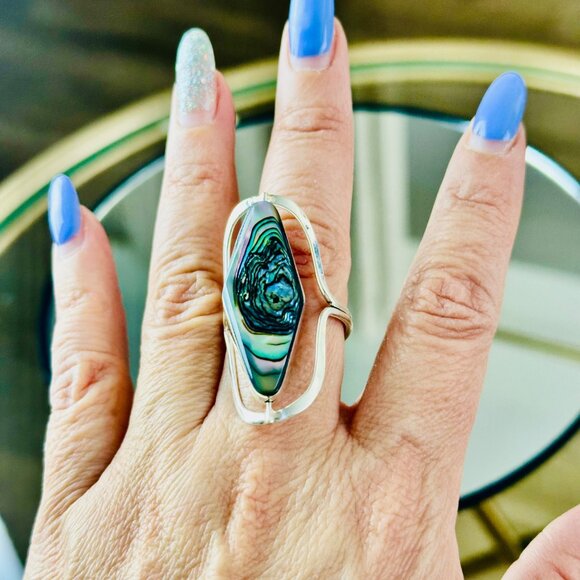 Silver 925 Adjustable Ring With Large Abalone Stone Unique Handcrafted Jewelry P - Picture 7 of 9